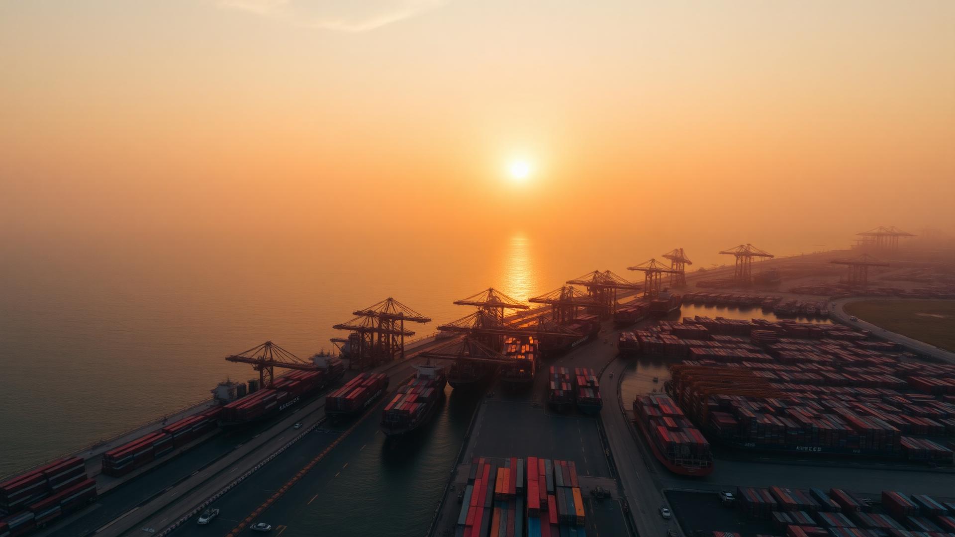 International shipping port at sunset